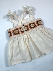 HAUTE HIPPIE Girls Boho Crochet Dress Cream 12M Cottagecore Granny Squares Retro