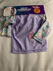 NWT UV Skinz Girls 2T Purple Unicorn 3pc Swimwear Set UPF 50+ Rash Guard Hat