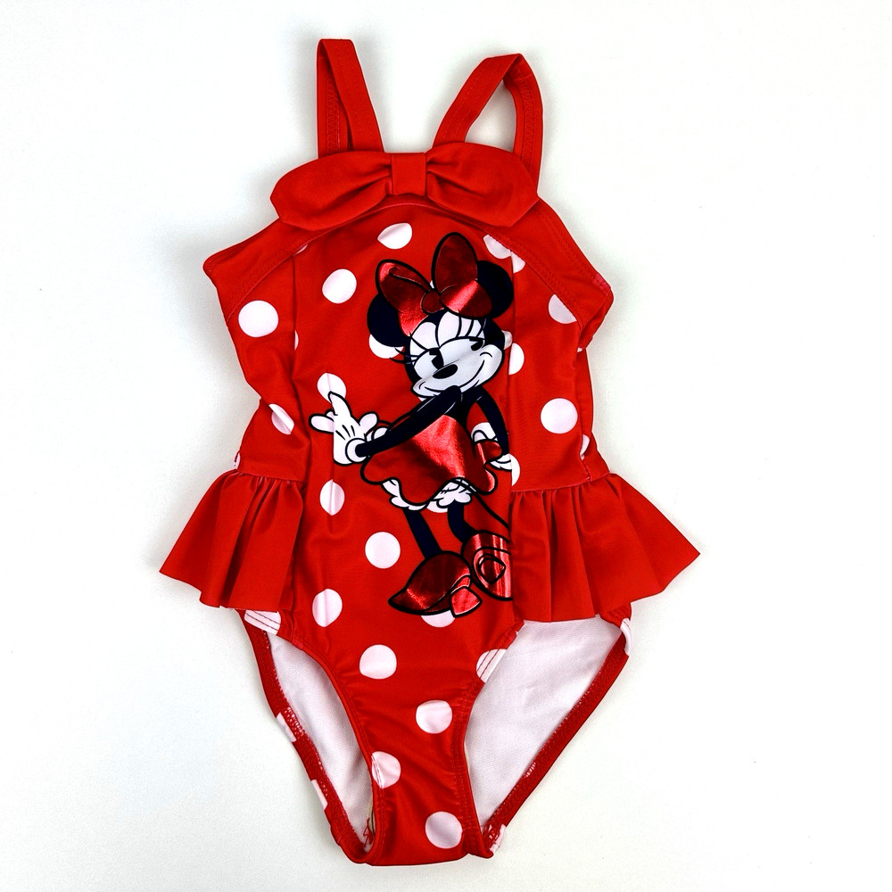 Disney Toddler Red Ruffle Polka Dot Tied Bow Metallic Minnie Mouse Swimsuit Sz 2