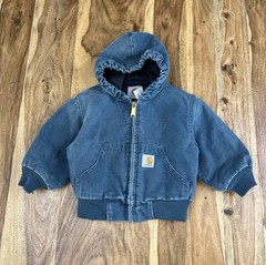 Vintage Toddler Carhartt Hooded Canvas Blue Jacket Kids Size 2T