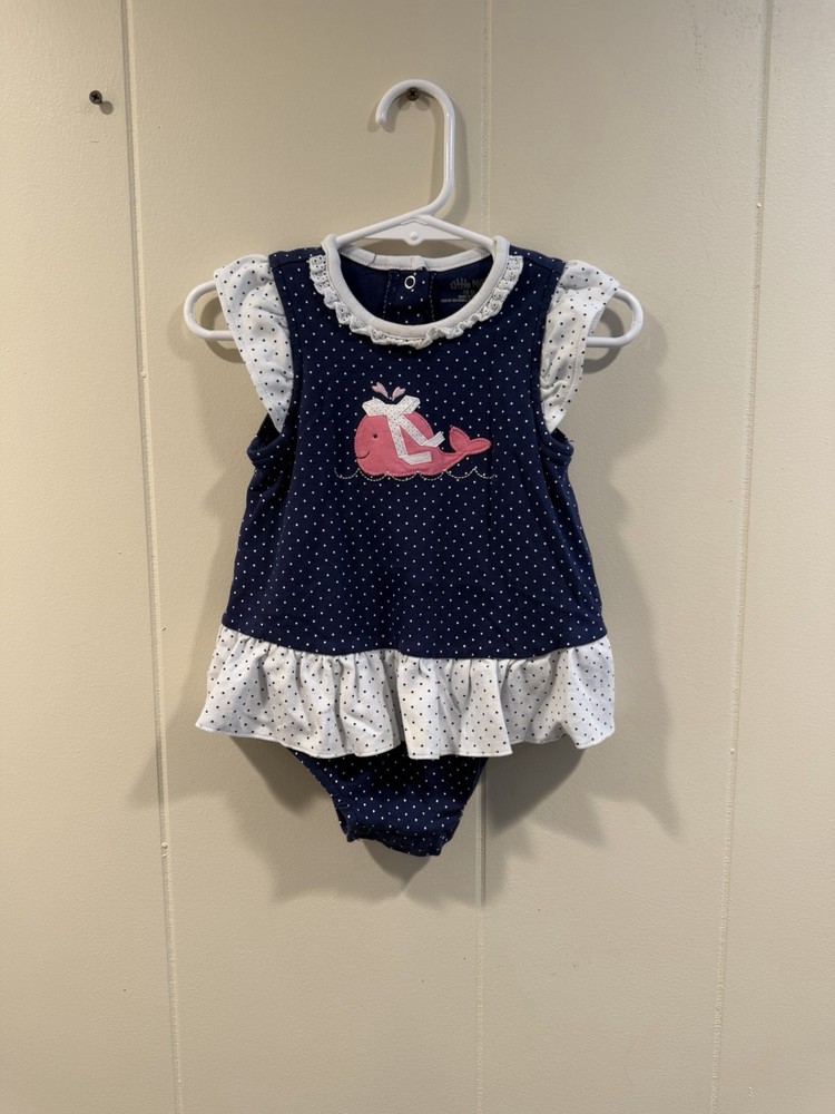 Little Me Size 18 Months Navy With Polka Dots And Whale Bodysuit Dress