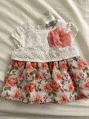 Little Lass 0-3M White Lace Floral A-Line Dress Pink Flower Accent