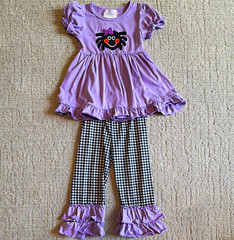 Smocked Polkadot Girls 2pc Outfit Set 3T Purple T-Shirt & Gingham Pants Spider