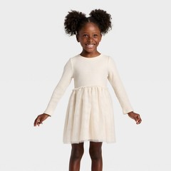 Toddler Girls Cat & Jack Sparkle Ribbed Tulle Long Sleeve Dress – Beige 5T