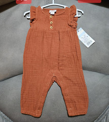 NB Girls Orange Cotton Muslin Ruffle Sleeveless Button Romper One-Piece