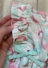 New! RuffleButts Vibrant Tropical Flamingo Woven Ruffle Bubble Romper Girls 3-6M