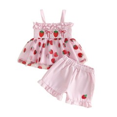 Toddler Baby Girl Summer Outfit Strawberry Bow Embroidered Straps Girls Tops …