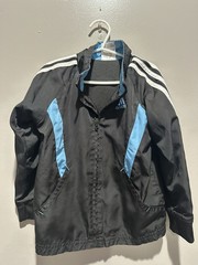 Adidas Boy Size 3T 3 Full Zip Black Track Windbreaker Stripes Black Blue Mesh