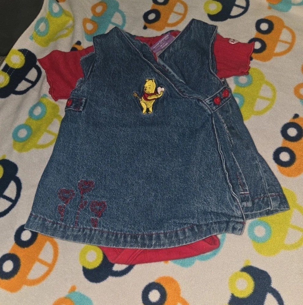 vintage Winnie the Pooh denim jumper dress Size 0/3 Months 2pc Set