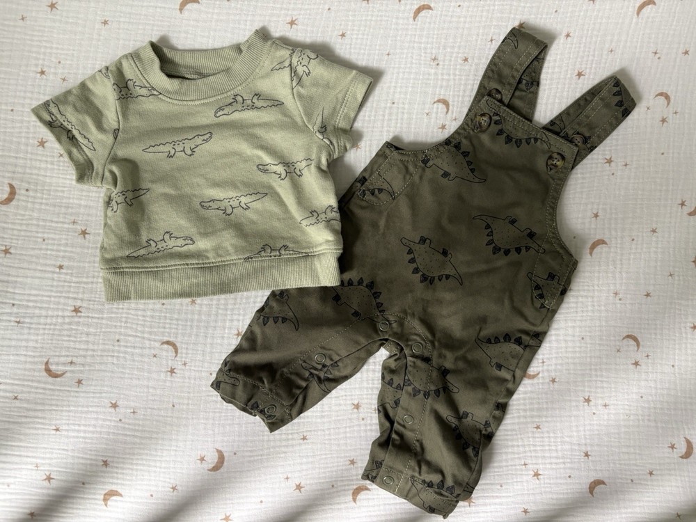Carter’s Preemie Green Overall And Long sleeved Crewneck Dinosaur Outfit NWOT