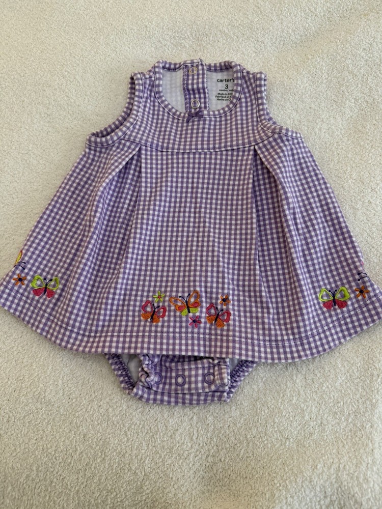 Vintage Carters Romper Dress Girl 3 Month Gingham Embroidered Butterflies Pleats