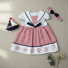 We’re Kids Nautical Red Striped Baby Dress with Navy Bow – Size L (6–9 Months)