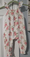 Mud Pie Romper Jumper Overalls White Pink Roses Green Floral Baby Girl 12-18 Mos