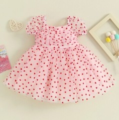 NEW Valentine’s Day Girls Pink Heart Print Short Sleeve Tulle Dress