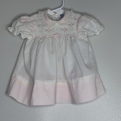 Vintage Baby Dress Smocked White Pink Polkadot Embroidered Girls Size 3-9 Mo