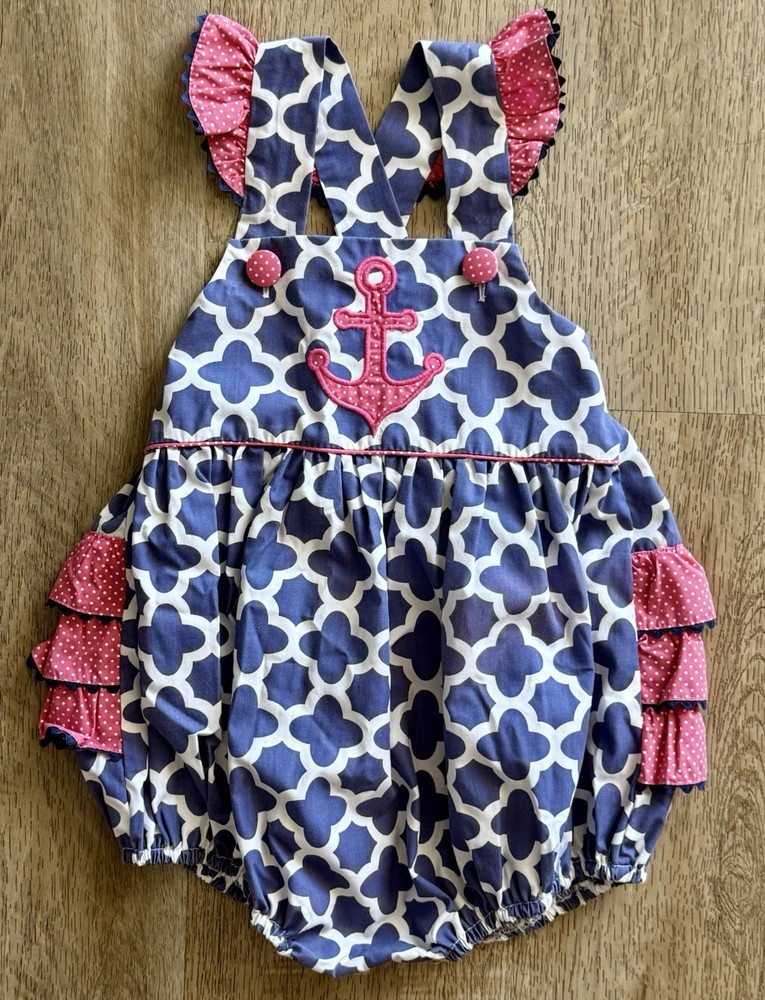 Shrimp & Grits Kids Ruffled Summer Bubble Romper Nautical Anchor Size 2T