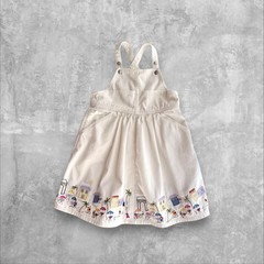 Vintage OshKosh B’gosh White Overall Dress Embroidered Beach Village Scene 3XL