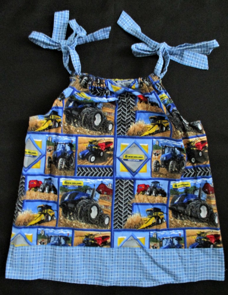 Handmade SunDress Size 4T Tractor Farm Girl Print Tie Straps Multi Blue Color