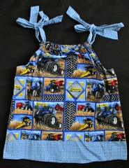 Handmade SunDress Size 4T Tractor Farm Girl Print Tie Straps Multi Blue Color
