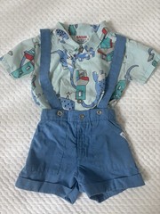 Vintage 70’s Parigi Baby Boy Dinosaur Two Piece Suspenders Shorts Set Size 2T
