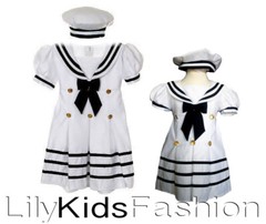 Baby Girl Toddler Formal Nautical Sailor Party Dress with a Hat White Navy Blue