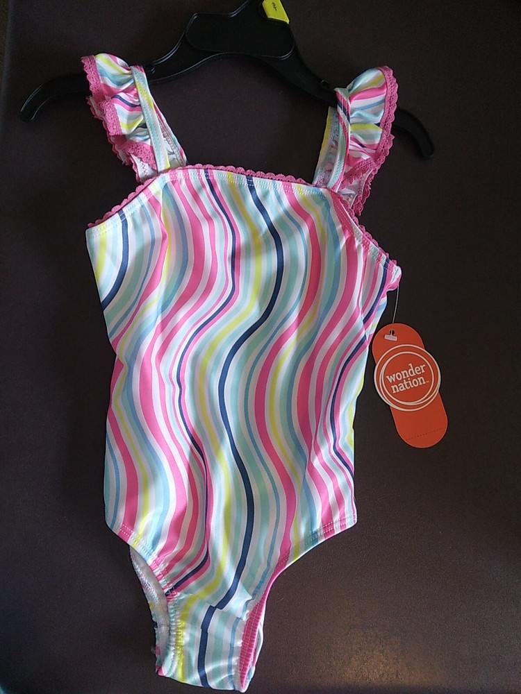 NWT Wonder Nation Toddler Girl’s Pink Striped One-Piece Swimsuit Size 3T