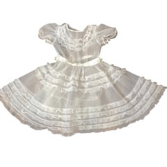 Girls Vintage Party Circle Dress Sheer White Chiffon Ruffled Lace Trim Size 7