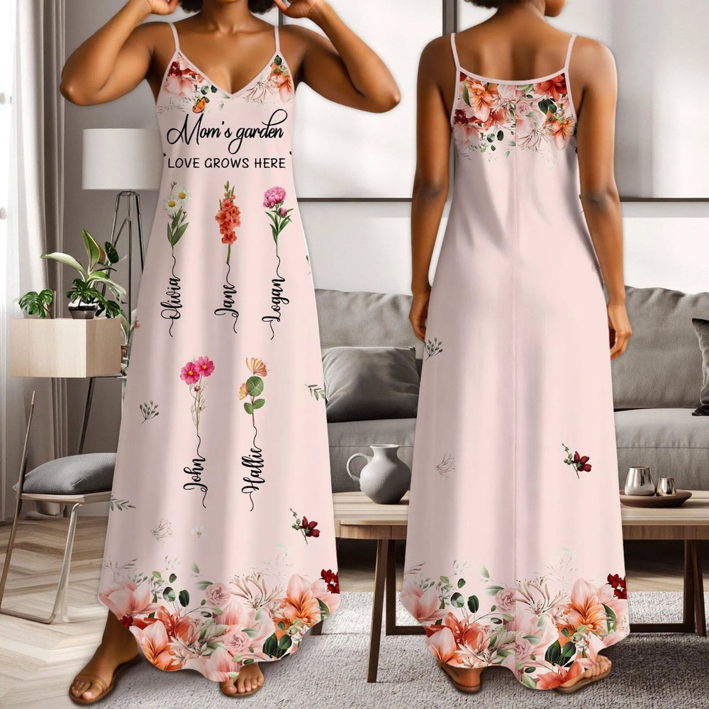 Personalized Mom Grandma Birth Flower Maxi Dress Custom Floral Mother’s Day Gift