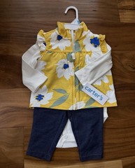 Carter’s Baby Girls 3-Pcs Yellow Floral Vest Long Sleeve Body Top Pants Set 6 M