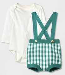 Cat & Jack Sweater Shorts Set Baby 3-6M Green Ivory Gingham Romper Suspender New