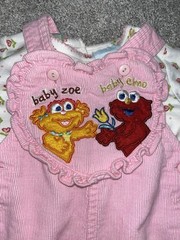 Vintage/Y2K Sesame Beginnings 2pc Pink Corduroy Overalls+Top Heart Elmo Zoe 6-9M
